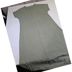 TXT Olive Green Cotton V-Neck Midi Dress Short Sleeve Relaxed Fit Size XL
